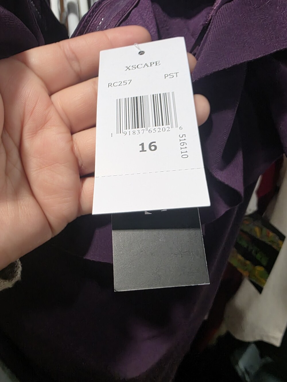Xscape Plus Size Ruffled Off-the-Shoulder Long Sheath Dress - Grape, sz 16 Reg. - Picture 10 of 11